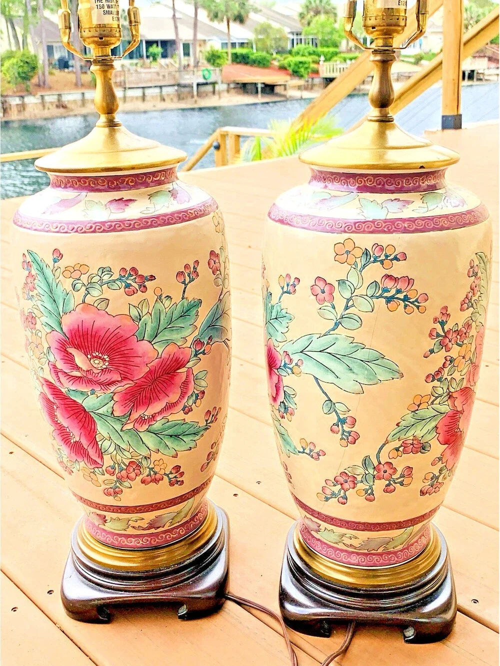 Vintage Pair 2 Floral Porcelain Table Lamps Asian Chinoiserie Ginger Jar Wooden